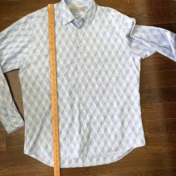 Men's Etro 100% Cotton Dress shirt White Blue 3D Squares-Sz. 44-XL - Picture 9 of 12